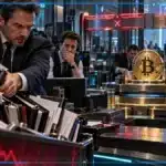 Photo réaliste d’un desk crypto pendant une cascade de liquidations longues, tandis que Bitcoin rebondit après sa chute sous 81 000 dollars sans casser son précédent creux.
