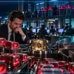 Photo réaliste d’un trader Bitcoin subissant une liquidation de position longue, tandis que le BTC reste encadré par deux importantes zones de positions vulnérables sans capitulation générale du marché.