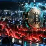 Photo réaliste de Bitcoin évoluant entre deux zones de liquidité tandis que de nombreuses positions longues à effet de levier sont liquidées et qu’un important intérêt ouvert reste actif.