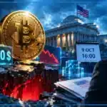Pièce Bitcoin éclairée en bleu devant un décor financier américain