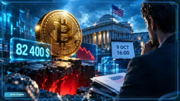 Pièce Bitcoin éclairée en bleu devant un décor financier américain