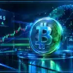 Symbole Bitcoin en 3D devant un graphique de marché, avec les repères de prix, de variation et de volume