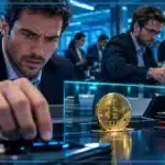 Photo réaliste d’un trader institutionnel forcé de racheter Bitcoin après un short squeeze, tandis que le BTC approche une résistance majeure et que le levier recommence à augmenter.