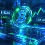 Symbole Bitcoin en 3D devant un graphique baissier avec niveaux de support, résistance et indicateurs de marché