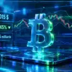 Symbole Bitcoin en trois dimensions devant un graphique de marché avec support, résistance et indicateurs techniques