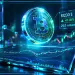 Symbole Bitcoin en hologramme 3D au-dessus d’une tablette de trading avec graphique, bandes de Bollinger et résistance