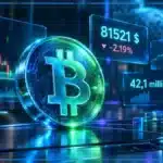 Symbole Bitcoin en 3D devant un graphique de marché baissier affichant 81 521 $, la variation de 24 heures et le volume.