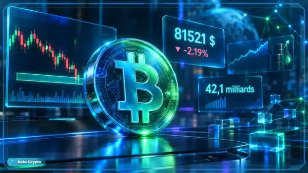 Symbole Bitcoin en 3D devant un graphique de marché baissier affichant 81 521 $, la variation de 24 heures et le volume.