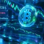 Symbole Bitcoin en 3D au-dessus d’une tablette de trading avec graphique en bougies, niveaux techniques et indicateurs