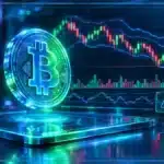 Symbole Bitcoin en 3D devant un graphique de marché montrant 82 527 $, une baisse de 2 % et des niveaux techniques