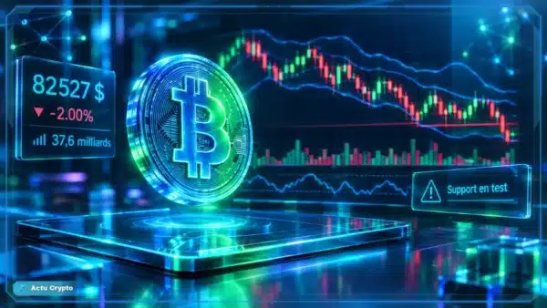 Symbole Bitcoin en 3D devant un graphique de marché montrant 82 527 $, une baisse de 2 % et des niveaux techniques