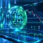 Symbole Bitcoin en trois dimensions devant un graphique de marché montrant un support, un RSI et une baisse de séance.