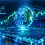 Symbole Bitcoin en hologramme 3D au-dessus d’une tablette de trading avec graphique, volume et zone de résistance.