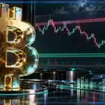 Symbole Bitcoin en 3D devant un graphique de marché montrant support, résistance et données de séance.