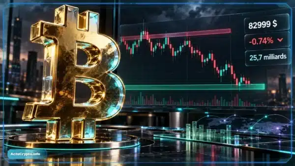 Symbole Bitcoin en 3D devant un graphique de marché montrant support, résistance et données de séance.
