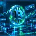 Symbole Bitcoin en 3D devant un graphique de marché avec le prix 84 276 $, des bandes techniques et des niveaux de