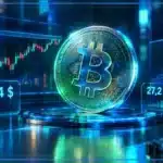Symbole Bitcoin en 3D devant un graphique de marché, avec le prix 85 944 $, la variation quotidienne et le volume sur 24