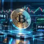 Symbole Bitcoin en 3D devant un graphique de marché, avec une résistance technique et des indicateurs de volume.