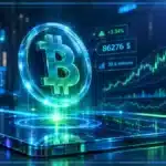 Symbole Bitcoin en hologramme 3D devant un graphique de marché avec résistance, volume et indicateurs techniques