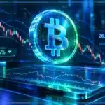 Symbole Bitcoin en 3D devant un graphique technique montrant le cours à 79 667 $, le volume et une zone de support.