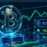 Symbole Bitcoin en 3D devant un graphique de marché et des niveaux de support et de résistance