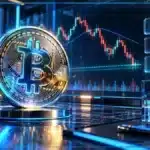 Logo Bitcoin en 3D devant un graphique de marché avec support technique et signaux macroéconomiques