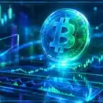 Symbole Bitcoin en hologramme au-dessus d’une tablette de trading avec graphique, RSI, volume et niveaux techniques.