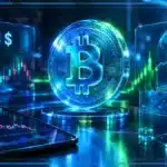 Symbole Bitcoin en 3D devant un graphique baissier, avec le prix 83 473 $, la baisse de 2,62 % et le volume sur 24