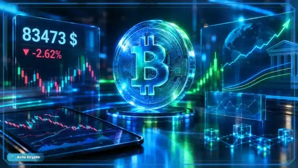 Symbole Bitcoin en 3D devant un graphique baissier, avec le prix 83 473 $, la baisse de 2,62 % et le volume sur 24