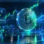 Symbole Bitcoin en 3D devant un graphique de marché, avec zones de support et résistance dans une ambiance