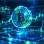 Symbole Bitcoin en hologramme 3D devant un graphique de bougies, avec résistance, RSI et données de marché.