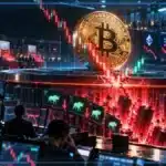 Photo réaliste de Bitcoin franchissant brièvement le seuil des 80 000 dollars tandis qu’une importante vague de positions longues à effet de levier est automatiquement liquidée sur les marchés dérivés.