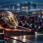 Photo réaliste de Bitcoin reculant sous une résistance tandis que les semi-conducteurs et infrastructures IA subissent une forte pression financière, avec un terminal pétrolier actif en arrière-plan.