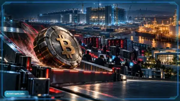 Photo réaliste de Bitcoin reculant sous une résistance tandis que les semi-conducteurs et infrastructures IA subissent une forte pression financière, avec un terminal pétrolier actif en arrière-plan.