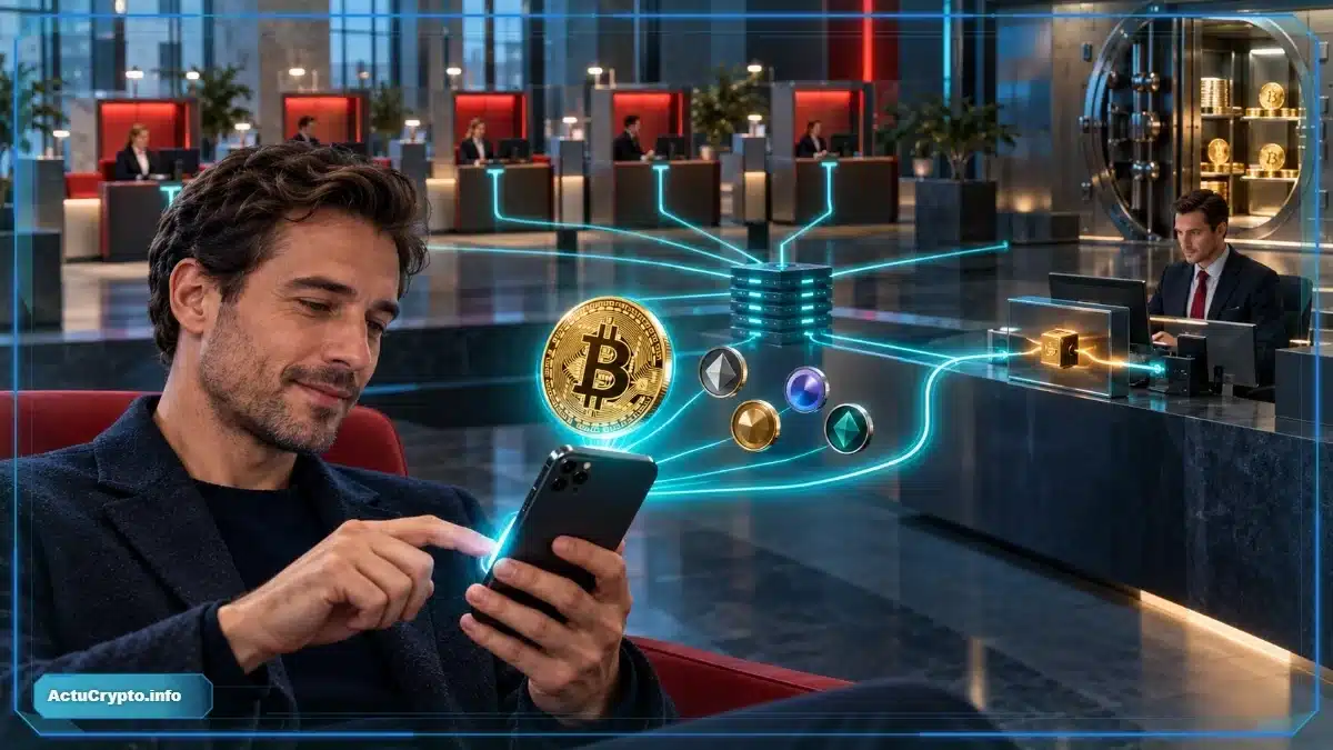 Photo réaliste d’un client allemand achetant du Bitcoin depuis son application bancaire, tandis que cinq établissements sont reliés à DekaBank et qu’un desk bancaire prépare la cotation avec spread.