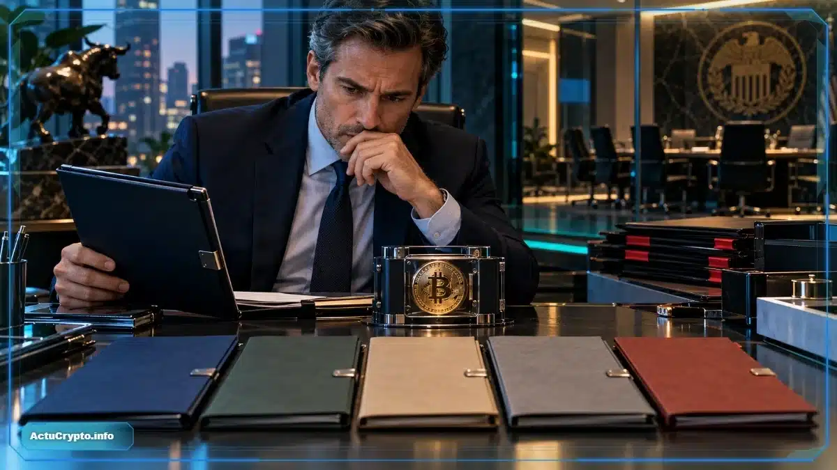 Photo réaliste d’un gérant de Wall Street surveillant Bitcoin après une forte correction technologique, avec plusieurs rendez-vous économiques américains susceptibles d’influencer la volatilité de la semaine.