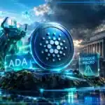Symbole Cardano ADA en 3D devant un graphique de marché avec prix à 0,2697 $, hausse de 9,81 % et repères techniques.