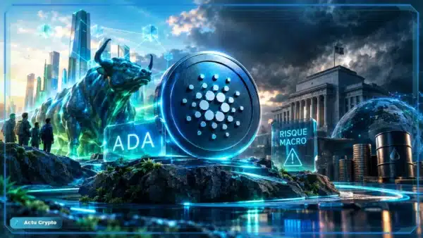 Symbole Cardano ADA en 3D devant un graphique de marché avec prix à 0,2697 $, hausse de 9,81 % et repères techniques.