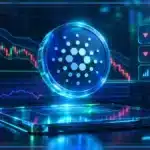 Symbole Cardano ADA en hologramme 3D devant un graphique de marché affichant un repli et des seuils techniques