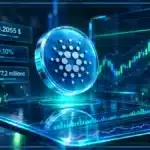 Symbole Cardano ADA en hologramme devant un graphique de marché avec support, résistance et prix à 0,2055 $