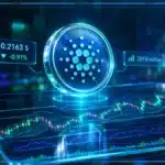 Symbole Cardano ADA holographique au-dessus d’une tablette de trading avec graphique, résistance et indicateurs de
