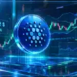 Symbole Cardano ADA en hologramme 3D devant un graphique de marché avec résistance et indicateurs techniques.