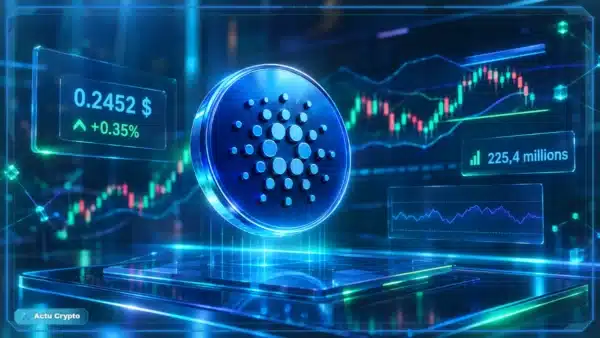 Symbole Cardano ADA en hologramme 3D devant un graphique de marché avec résistance et indicateurs techniques.