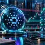 Symbole Cardano en 3D devant un graphique de marché avec zone de résistance et repères macroéconomiques.