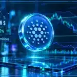 Symbole Cardano ADA en hologramme au-dessus d’une tablette de trading avec graphique, résistance et indicateurs de