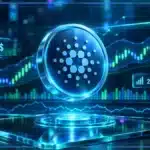 Symbole Cardano ADA en hologramme devant un graphique de marché montrant une résistance technique et une hausse de
