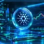 Symbole Cardano ADA en 3D devant un graphique de marché montrant une résistance technique proche