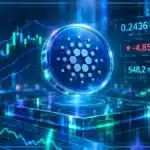 Symbole Cardano ADA en 3D devant un graphique de marché montrant le support, le RSI et la baisse récente