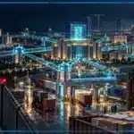 Photo réaliste d’un réseau blockchain institutionnel reliant ports, entreprises et administrations en Chine, tandis que les plateformes de cryptomonnaies privées restent séparées par une frontière réglementaire.