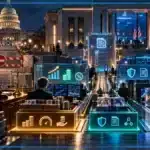 Photo réaliste d’une plateforme crypto américaine divisée entre une voie législative bloquée au Sénat et un cadre CFTC en construction pour certaines transactions à marge ou effet de levier.